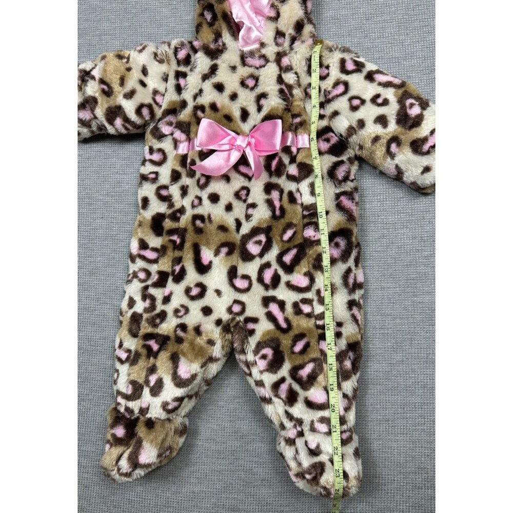 Baby Girls Leopard Print Faux Fur Hooded Bunting Suit 6/9M Satin Bow Lined - Picture 12 of 14